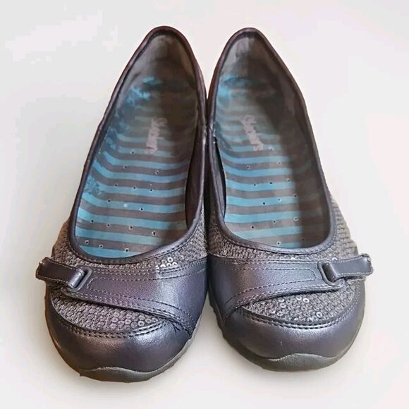 Skechers 7.5 Gray Leather Active Ballet Flats Pewter Sequin Walking Shoes RK1-15 - Picture 1 of 10